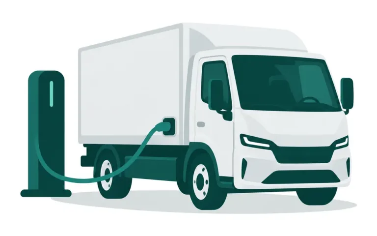 Illustration: Elektro-Lkw mit Kofferaufbau an der Ladesäule