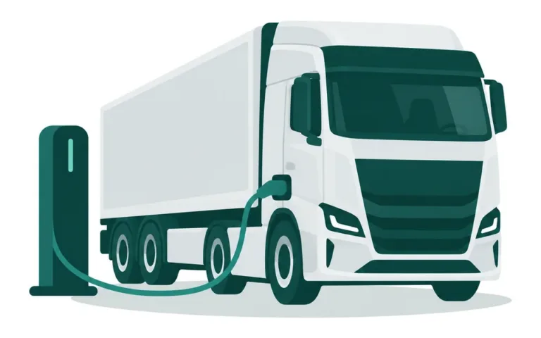 Illustration: schwerer Elektro-Lkw an der Ladesäule