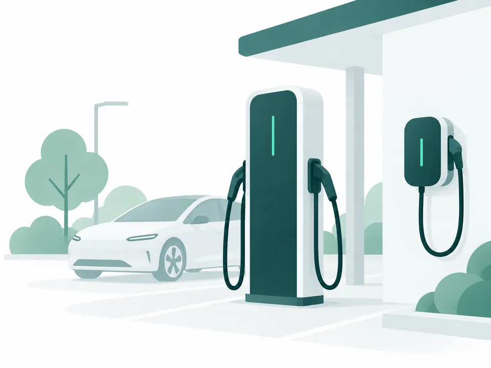 Illustration: öffentliche Ladesäulen mit Elektroauto