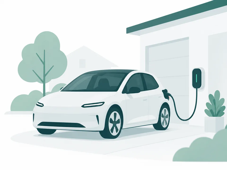 Illustration: Elektroauto an der Wallbox vor einem Wohnhaus